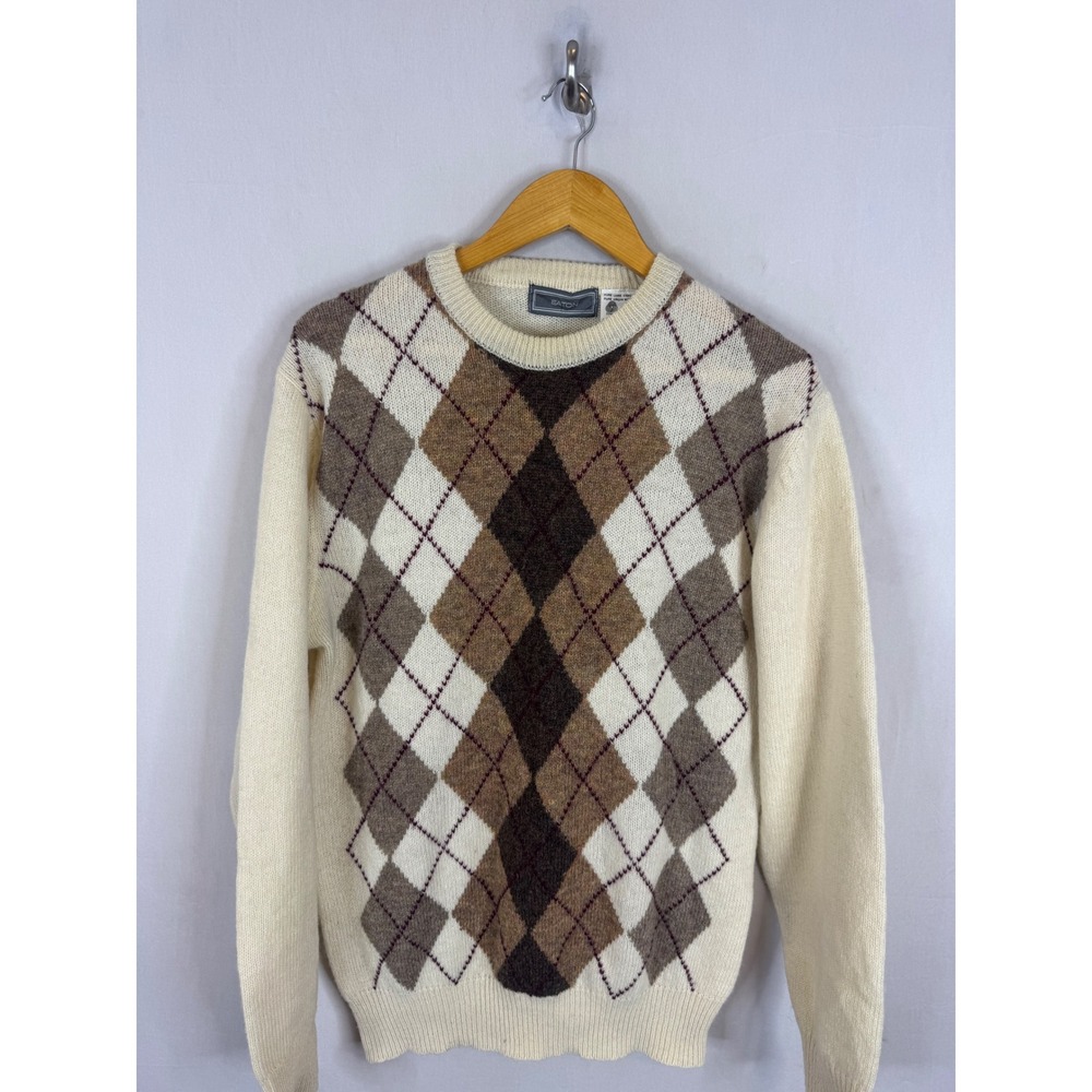 Vintage Eaton Mens Argyle Crewneck Sweater Virgin Wool Cream Brown Size Medium